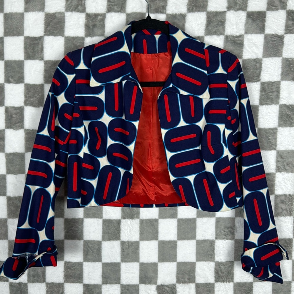 Retro blazer Mod 70βs Vintage union made ILGWU XS cropped white/blue/orange/red - Picture 1 of 8